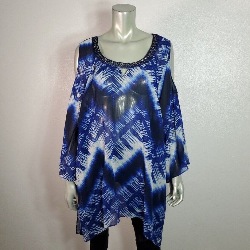 Catherines‎ Top Plus Size 3X 26/28W Tunic Cold Shoulder Sheer Beaded Blue - Picture 2 of 6